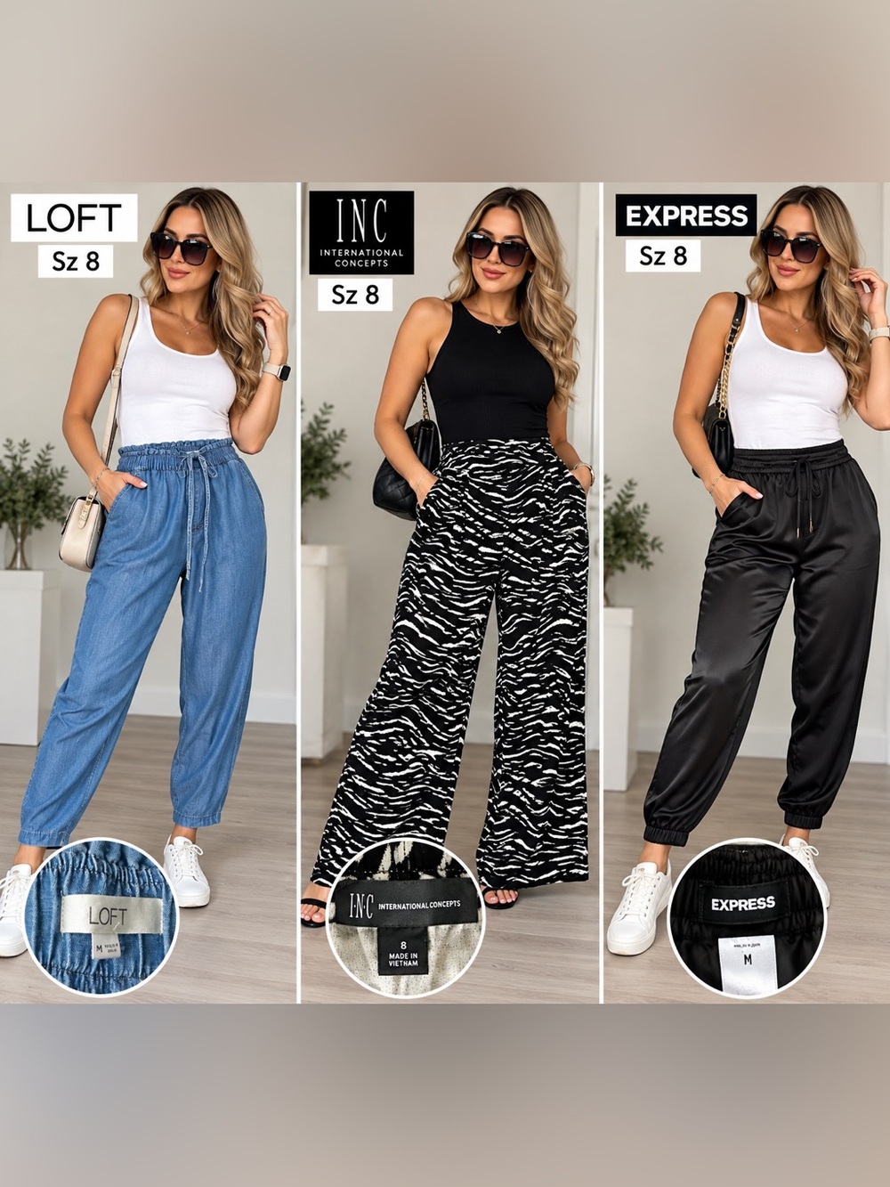 LOFT /INC/Express Medium Wide Leg Drawstring Pants Sz 8